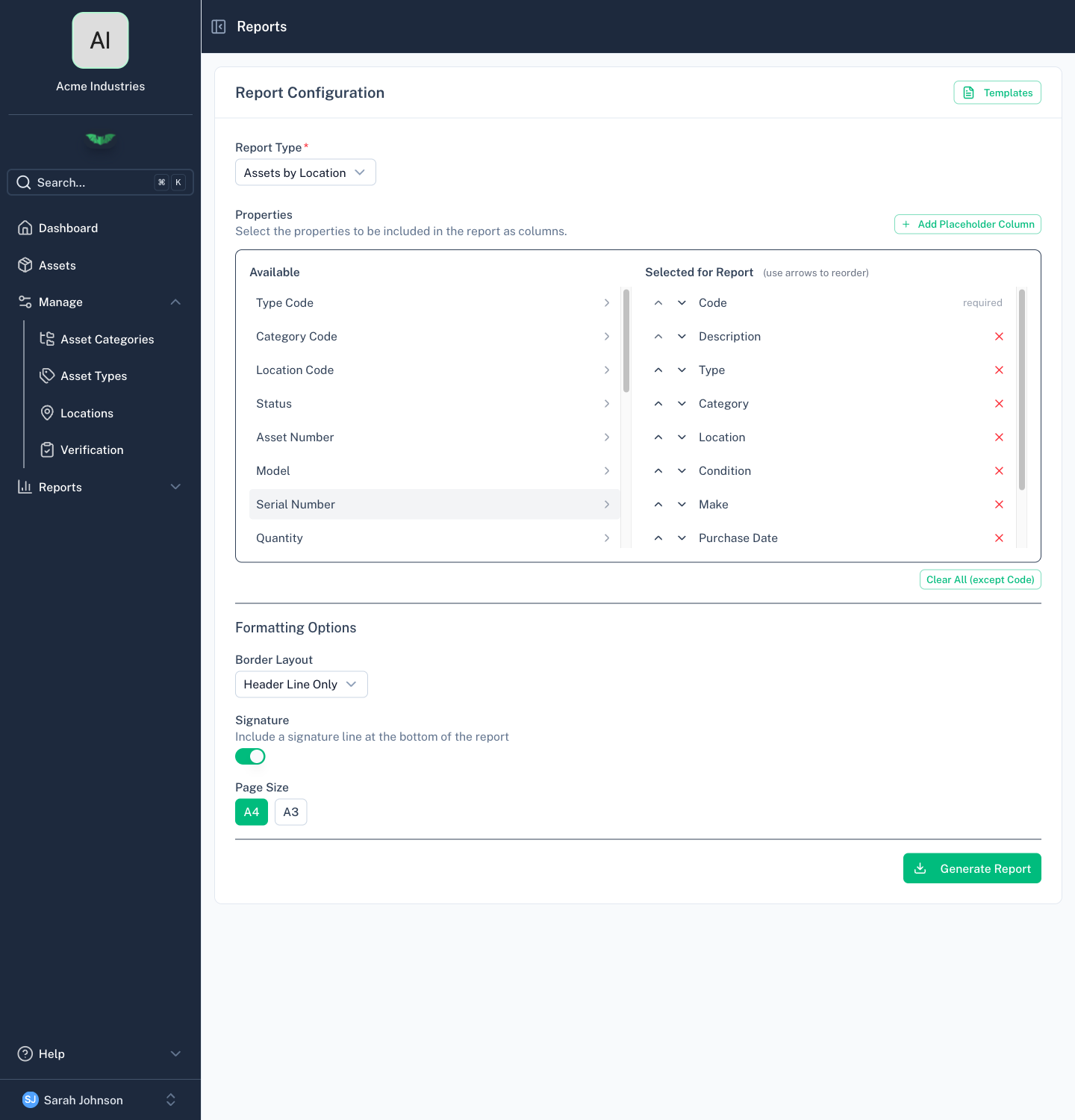 Report configuration