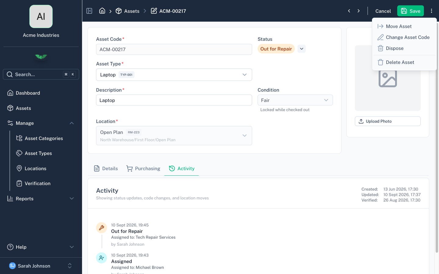 Asset actions menu