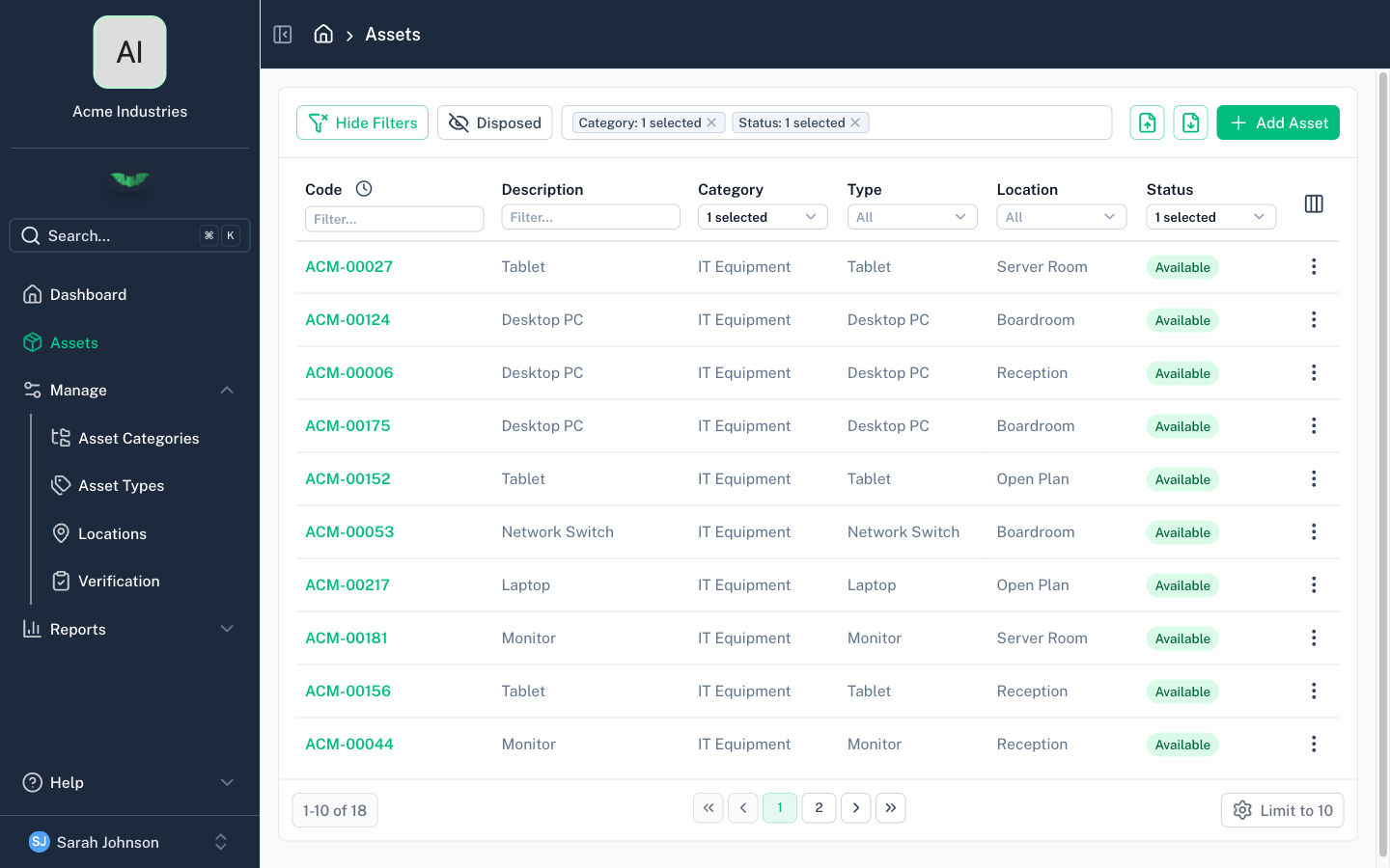 Asset list with filters