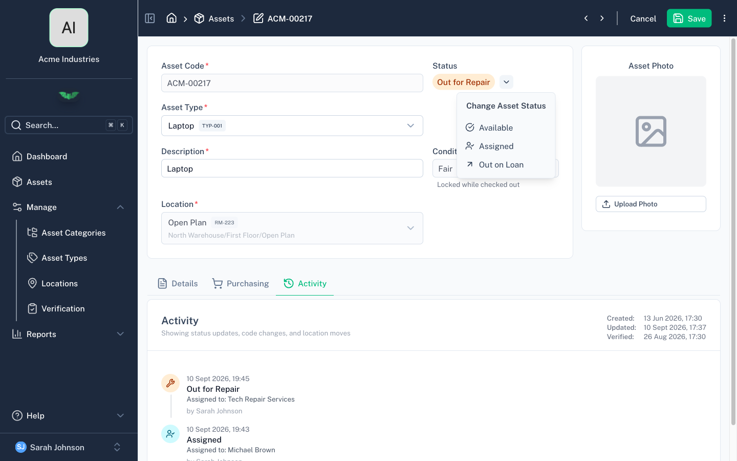 Status dropdown and history